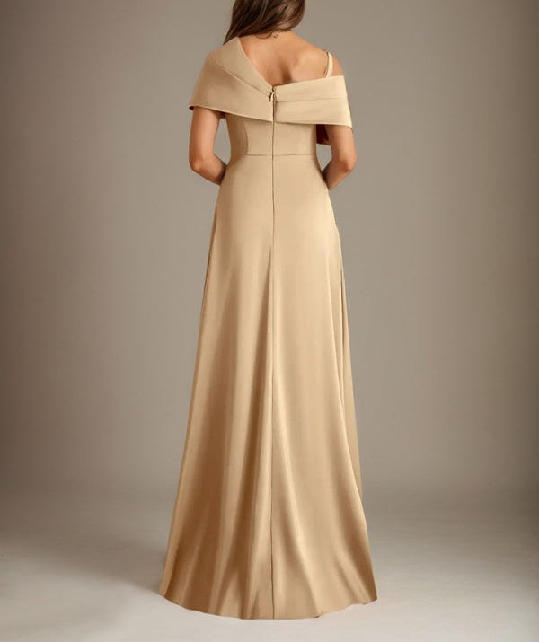 A-Line Asymmetrical Neckline Floor-Length Satin Mother of the Bride Dress With Pleated