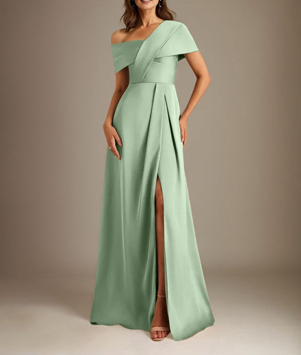 A-Line Asymmetrical Neckline Floor-Length Satin Mother of the Bride Dress With Pleated