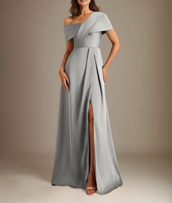 A-Line Asymmetrical Neckline Floor-Length Satin Mother of the Bride Dress With Pleated