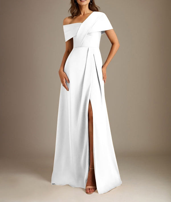 A-Line Asymmetrical Neckline Floor-Length Satin Mother of the Bride Dress With Pleated