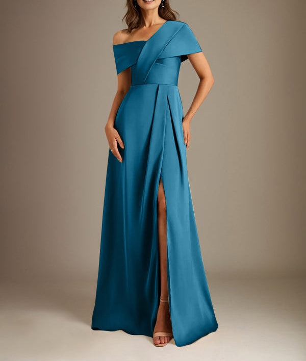 A-Line Asymmetrical Neckline Floor-Length Satin Mother of the Bride Dress With Pleated