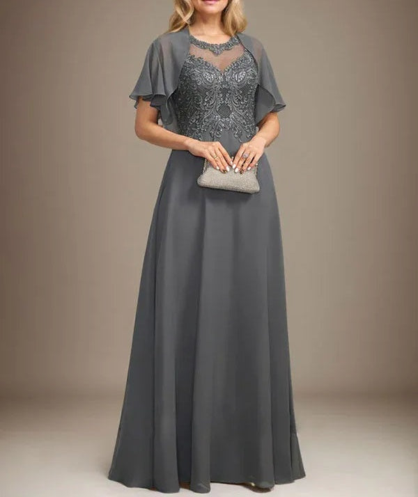 A-line Scoop Illusion Floor-Length Lace Chiffon Mother of the Bride Dress With Sequins