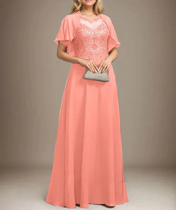 A-line Scoop Illusion Floor-Length Lace Chiffon Mother of the Bride Dress With Sequins