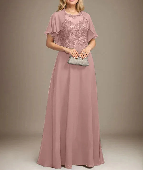 A-line Scoop Illusion Floor-Length Lace Chiffon Mother of the Bride Dress With Sequins