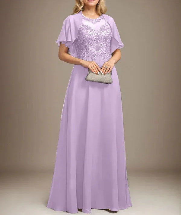 A-line Scoop Illusion Floor-Length Lace Chiffon Mother of the Bride Dress With Sequins