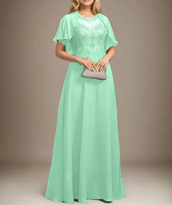 A-line Scoop Illusion Floor-Length Lace Chiffon Mother of the Bride Dress With Sequins