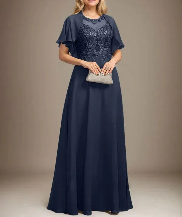 A-line Scoop Illusion Floor-Length Lace Chiffon Mother of the Bride Dress With Sequins