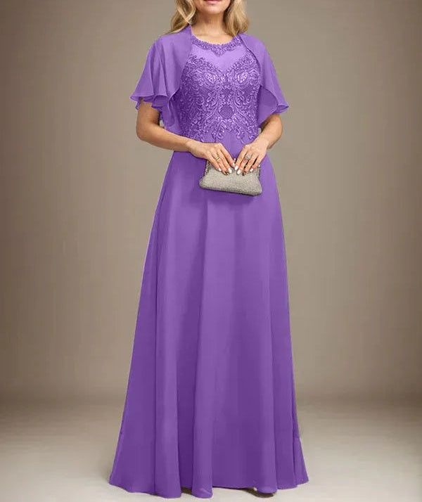 A-line Scoop Illusion Floor-Length Lace Chiffon Mother of the Bride Dress With Sequins