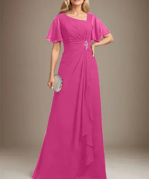 A-line Asymmetrical Floor-Length Chiffon Mother of the Bride Dress With Pleated Beading Sequins