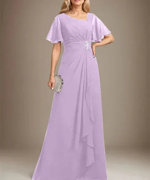 A-line Asymmetrical Floor-Length Chiffon Mother of the Bride Dress With Pleated Beading Sequins