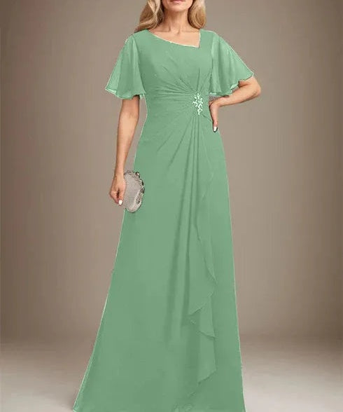 A-line Asymmetrical Floor-Length Chiffon Mother of the Bride Dress With Pleated Beading Sequins