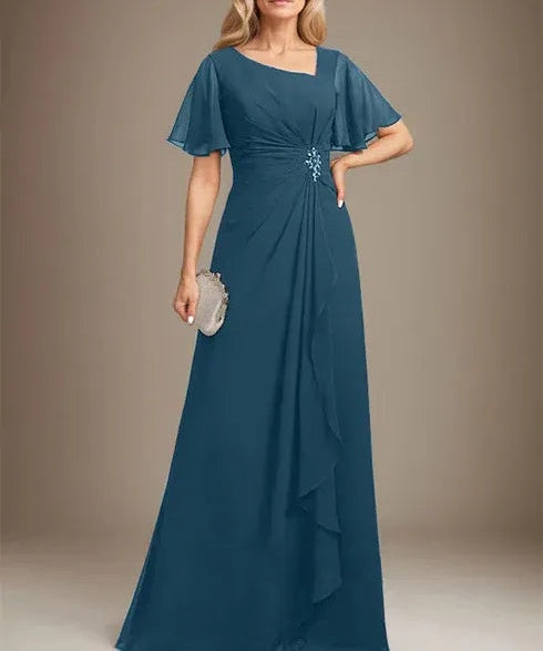 A-line Asymmetrical Floor-Length Chiffon Mother of the Bride Dress With Pleated Beading Sequins