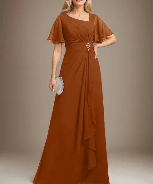 A-line Asymmetrical Floor-Length Chiffon Mother of the Bride Dress With Pleated Beading Sequins