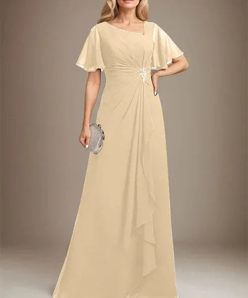 A-line Asymmetrical Floor-Length Chiffon Mother of the Bride Dress With Pleated Beading Sequins