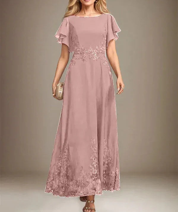 A-line Scoop Ankle-Length Lace Chiffon Mother of the Bride Dress With Sequins