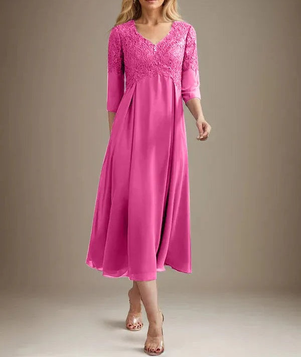 A-line V-Neck Tea-Length Chiffon Lace Mother of the Bride Dress With Beading