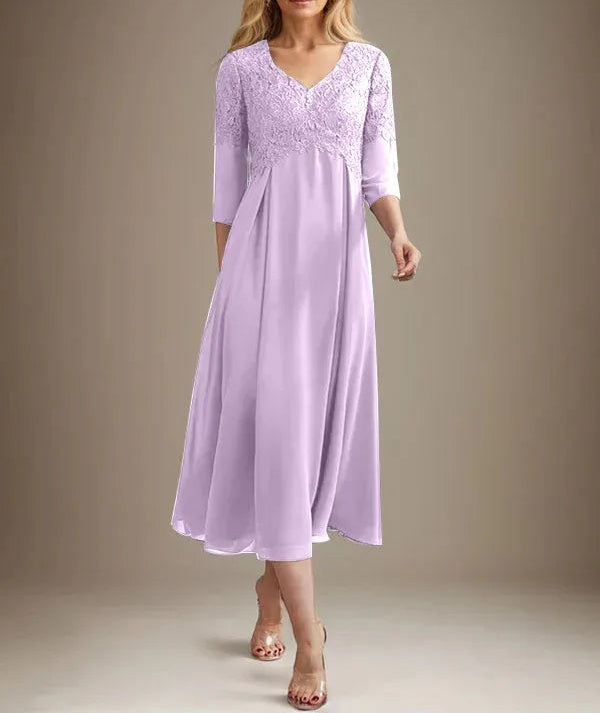 A-line V-Neck Tea-Length Chiffon Lace Mother of the Bride Dress With Beading