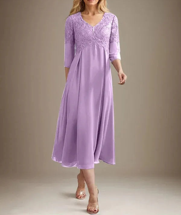 A-line V-Neck Tea-Length Chiffon Lace Mother of the Bride Dress With Beading