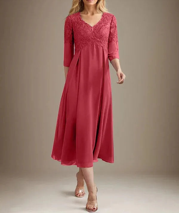 A-line V-Neck Tea-Length Chiffon Lace Mother of the Bride Dress With Beading