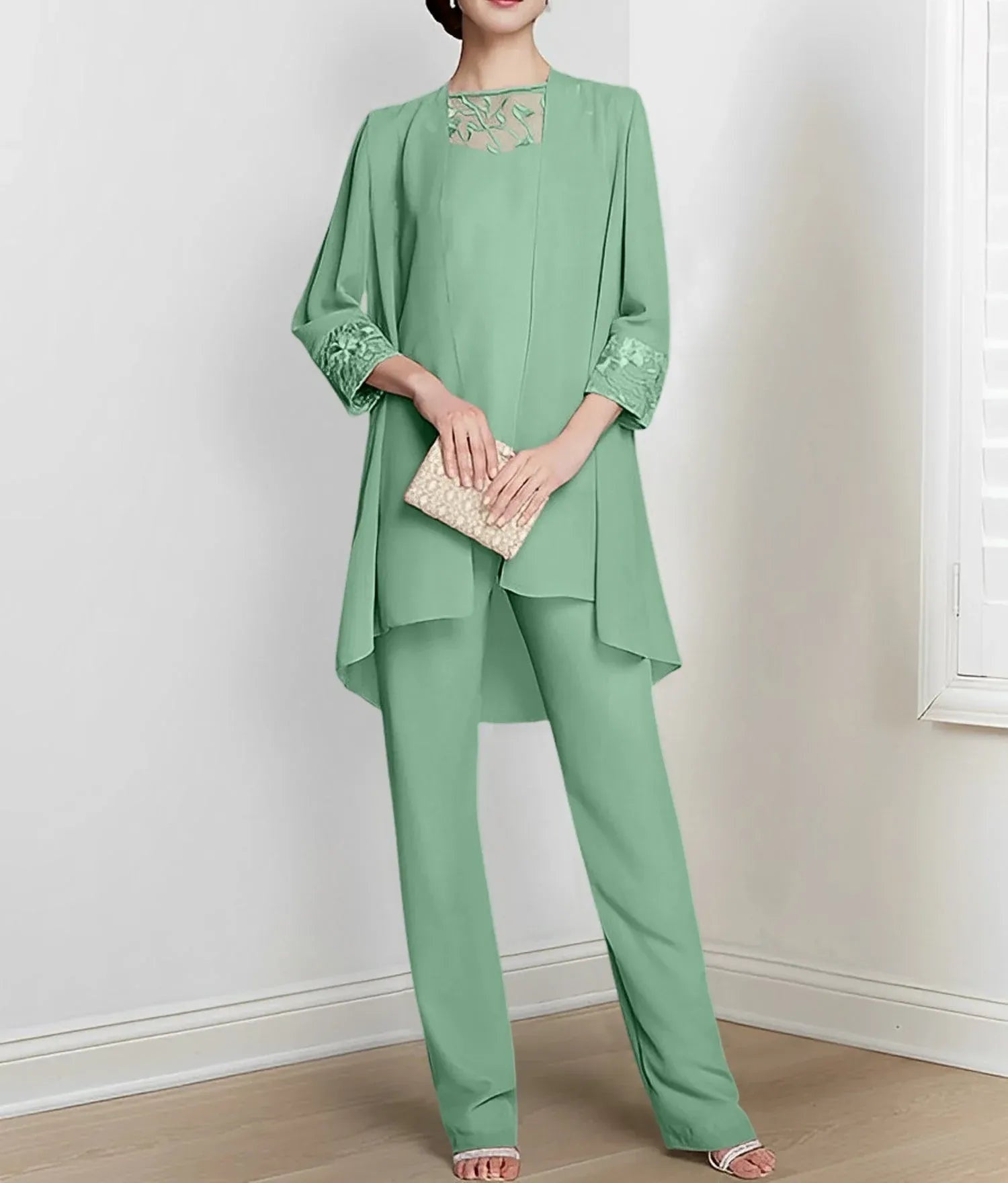 Chiffon Long Sleeves Mother Of The Bride Pantsuits With Jacket