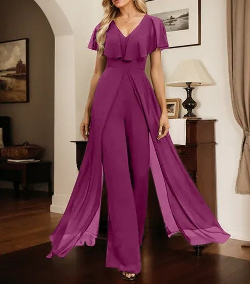 Jumpsuit/Pantsuit V-Neck Floor-Length Chiffon Evening Dress