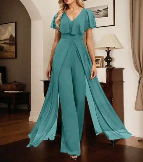 Jumpsuit/Pantsuit V-Neck Floor-Length Chiffon Evening Dress