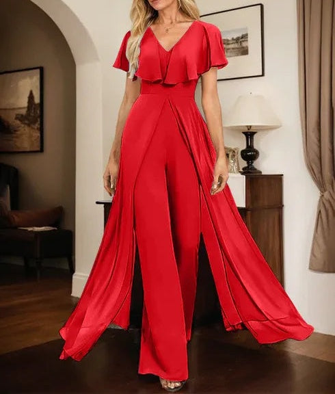 Jumpsuit/Pantsuit V-Neck Floor-Length Chiffon Evening Dress