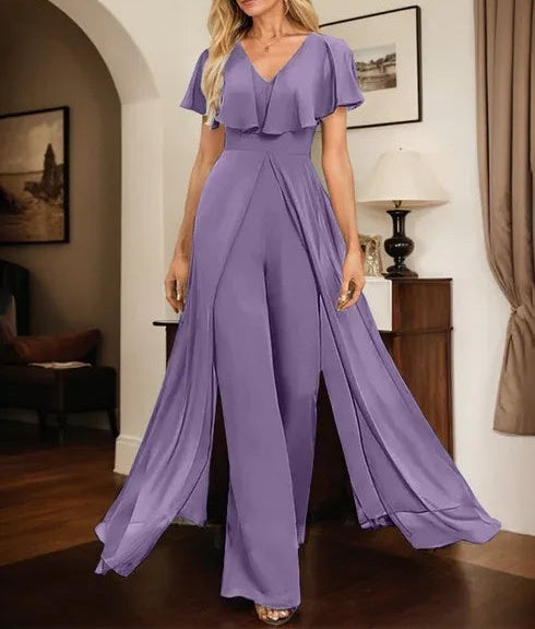 Jumpsuit/Pantsuit V-Neck Floor-Length Chiffon Evening Dress