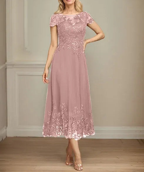 A-line Illusion Scoop Tea-Length Lace Chiffon Mother of the Bride Dress With Sequins