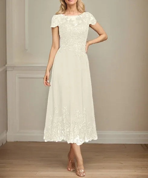 A-line Illusion Scoop Tea-Length Lace Chiffon Mother of the Bride Dress With Sequins