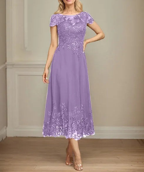 A-line Illusion Scoop Tea-Length Lace Chiffon Mother of the Bride Dress With Sequins