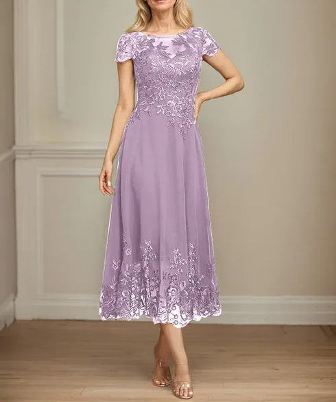 A-line Illusion Scoop Tea-Length Lace Chiffon Mother of the Bride Dress With Sequins