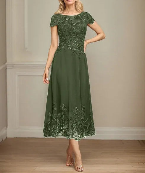 A-line Illusion Scoop Tea-Length Lace Chiffon Mother of the Bride Dress With Sequins