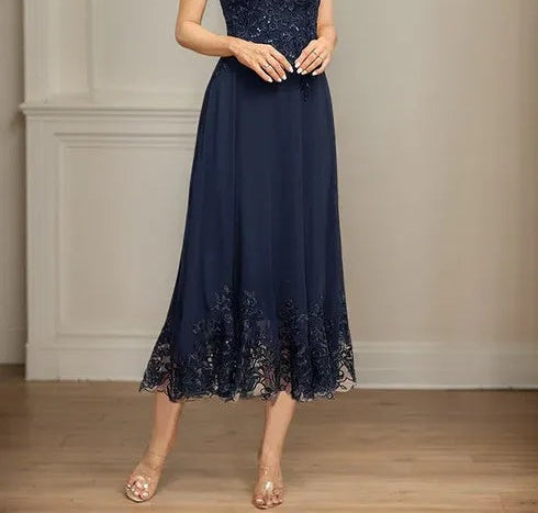 A-line Illusion Scoop Tea-Length Lace Chiffon Mother of the Bride Dress With Sequins