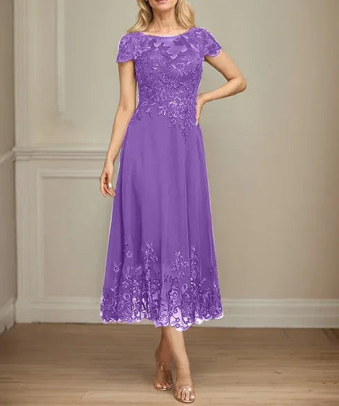 A-line Illusion Scoop Tea-Length Lace Chiffon Mother of the Bride Dress With Sequins
