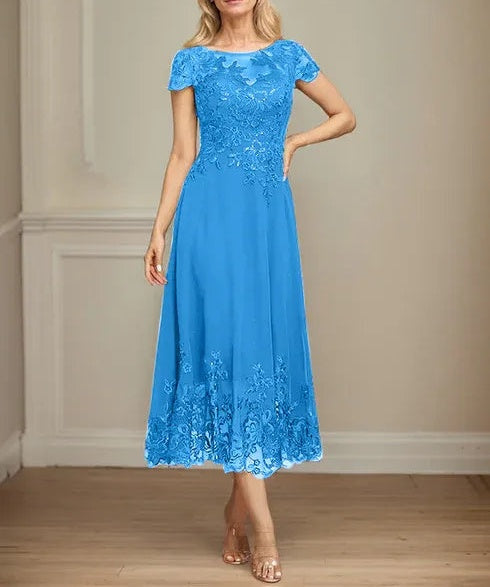 A-line Illusion Scoop Tea-Length Lace Chiffon Mother of the Bride Dress With Sequins