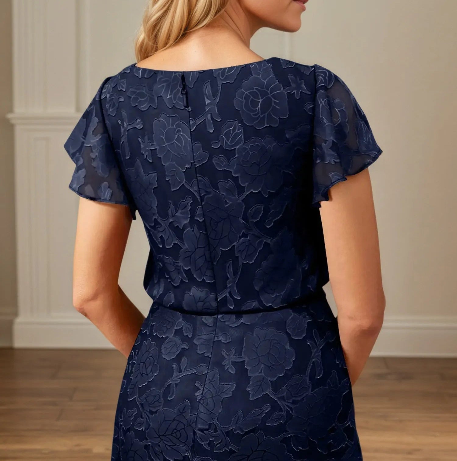 A Line Boat Neck Short Sleeve Floral Burnout Mother of the Bride Dress