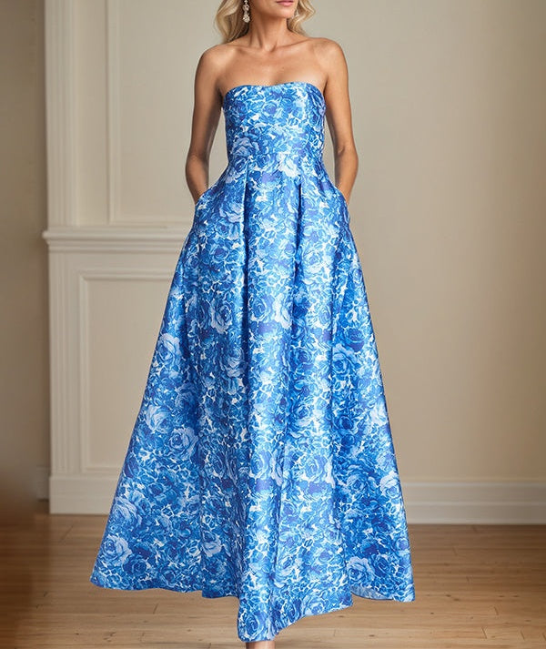 A-Line Off the Shoulder Sea Blue Satin Floral Mother of the Bride Dress
