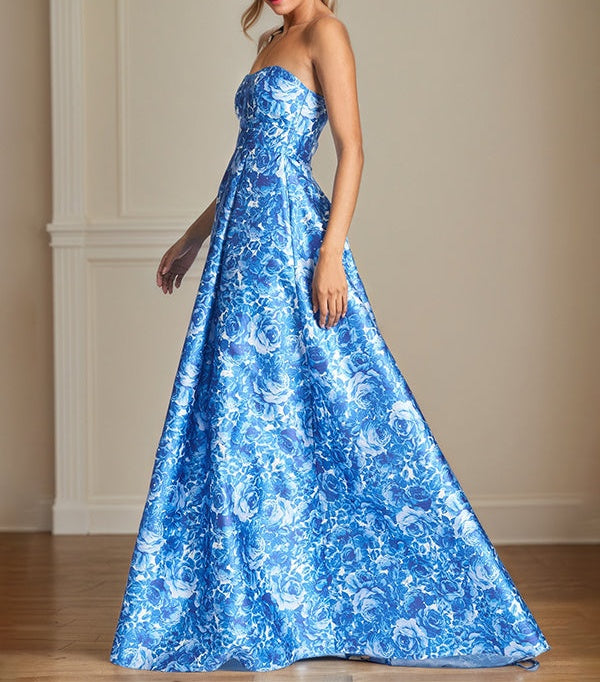 A-Line Off the Shoulder Sea Blue Satin Floral Mother of the Bride Dress