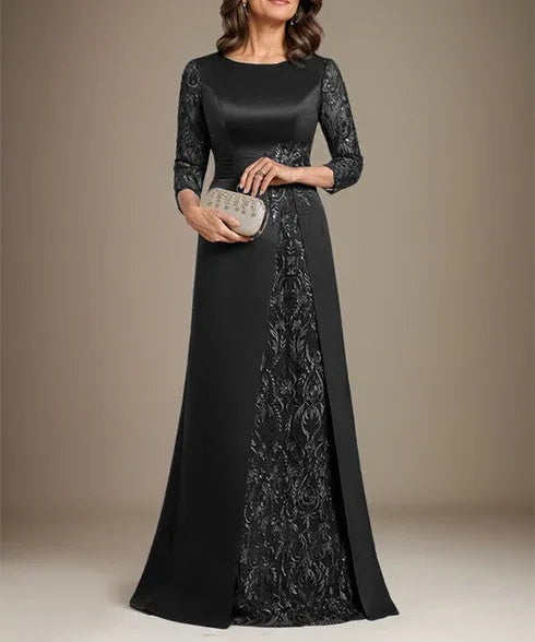 A-Line Scoop Floor-Length Lace Satin Mother Of the Bride Dress With Applique