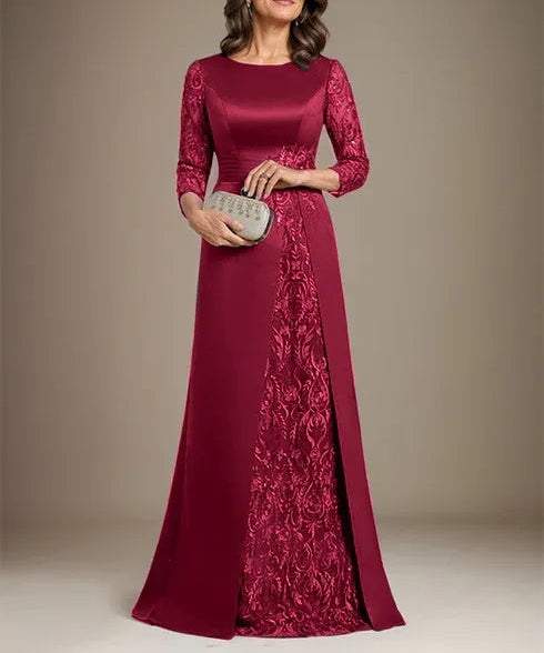 A-Line Scoop Floor-Length Lace Satin Mother Of the Bride Dress With Applique