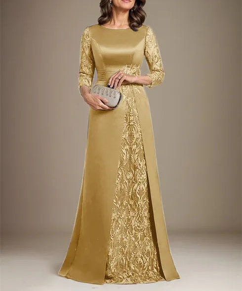 A-Line Scoop Floor-Length Lace Satin Mother Of the Bride Dress With Applique