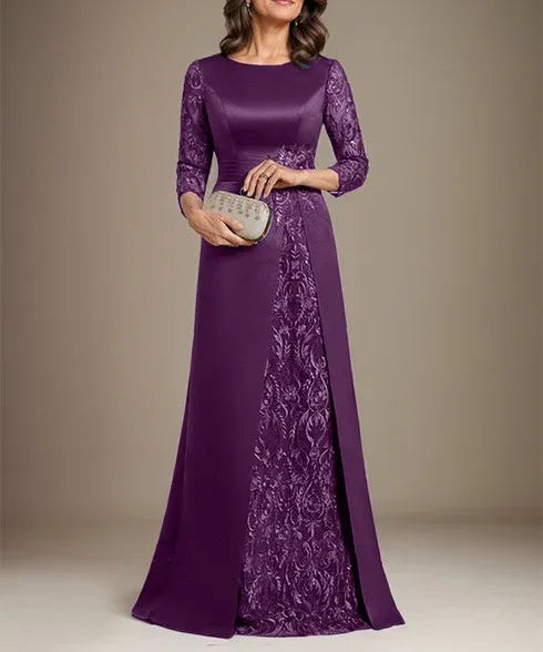 A-Line Scoop Floor-Length Lace Satin Mother Of the Bride Dress With Applique