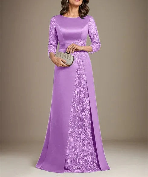 A-Line Scoop Floor-Length Lace Satin Mother Of the Bride Dress With Applique