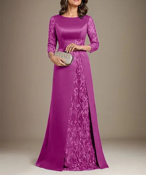 A-Line Scoop Floor-Length Lace Satin Mother Of the Bride Dress With Applique
