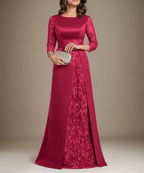 A-Line Scoop Floor-Length Lace Satin Mother Of the Bride Dress With Applique