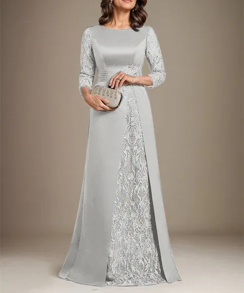 A-Line Scoop Floor-Length Lace Satin Mother Of the Bride Dress With Applique