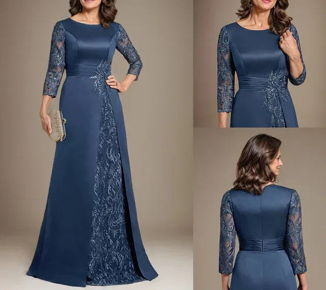 A-Line Scoop Floor-Length Lace Satin Mother Of the Bride Dress With Applique