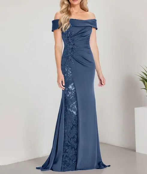 A-Line Off the Shoulder Floor-Length Mother of the Bride Dress Applique Beadings Mermaid Dress With High Split