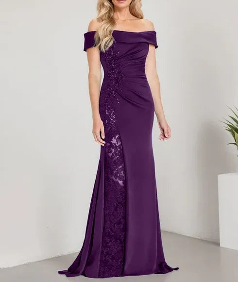 A-Line Off the Shoulder Floor-Length Mother of the Bride Dress Applique Beadings Mermaid Dress With High Split